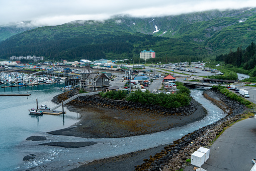 KETCHIKAN, ALASKA, USA - AUGUST 21, 2022: Aerial of view of the city and marina.