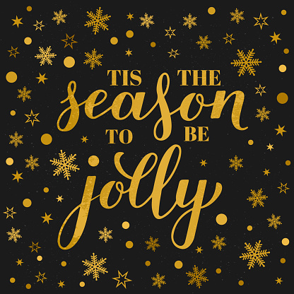 Tis the season to be jolly glitter textured lettering gold snowflakes, stars and dots on black background. Christmas quote typography poster. Vector template for greeting card, banner, flyer, etc.