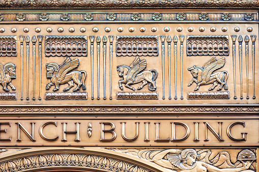Ornate Art Deco architecture detail of the Fred F. French Building on Fifth Avenue in New York City, USA on a sunny day.