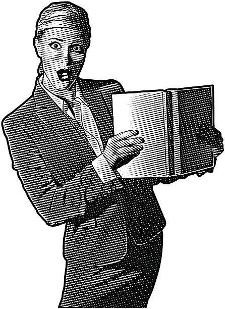 Shocked Businesswoman Reading Engraving illustration of woman reading book with shocked expression on her face. clip art of a yuck mouth stock illustrations