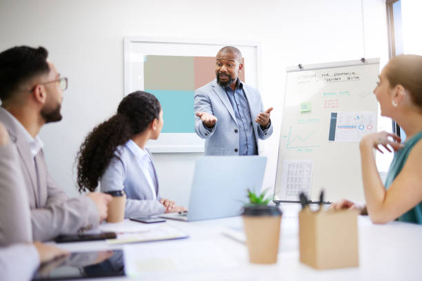 istock Presentation whiteboard, business people meeting and black man speech, report or teaching group, team or clients. Strategy planning, gesture or speaker explain project to listening professional staff 1799304340