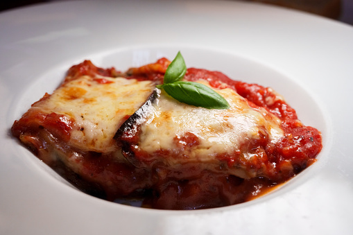 Delicious Plate of Lasagna, topped with melted mozzarella cheese and a sprig of basil and marinara sauce