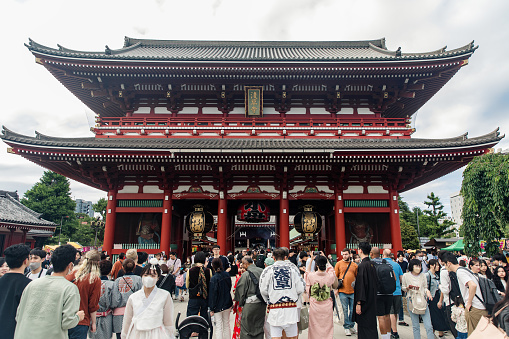 Tokyo, Japan - May, 20, 2023: Built in 628, the Sensoji Temple in Asakusa is the oldest and most famous Buddhist temple in Tokyo.