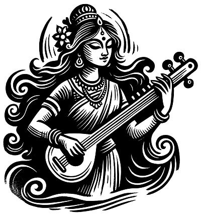 Traditional Indian woman playing sitar, detailed black and white woodcut style.