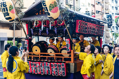 Tokyo, Japan - May, 20, 2023:  The Sanja Matsuri festival is one of the largest festival in Japan. It lasts for 3 days in honor of the three men that stablished and founded the  Sensō-ji Temple and Asakusa-Jinja shrine.