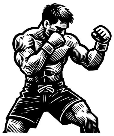 MMA fighter in guard position, detailed black and white woodcut print.