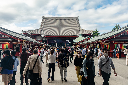 Tokyo, Japan - May, 20, 2023: Built in 628, the Sensoji Temple in Asakusa is the oldest and most famous Buddhist temple in Tokyo.