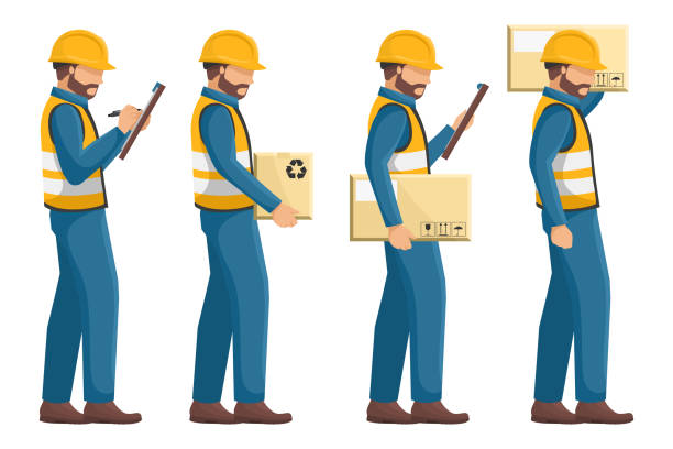 komplet pracowników przemysłu wraz ze środkami ochrony osobistej, kaskiem, kamizelką, obuwiem ochronnym z przeniesieniem pudełka sprawdzającego ich zamówienie. bezpieczeństwo przede wszystkim. bezpieczeństwo i higiena pracy - maintenance engineer obrazy stock illustrations