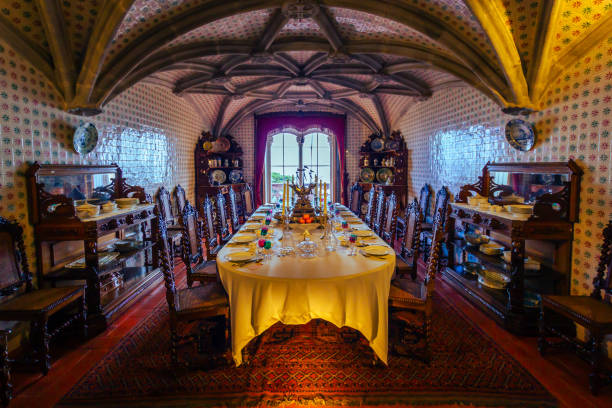 Sintra, Portugal -  December 15, 2018: dinning room at the Palacio da Pena ( Pena Palace ) in Sintra, Portugal.