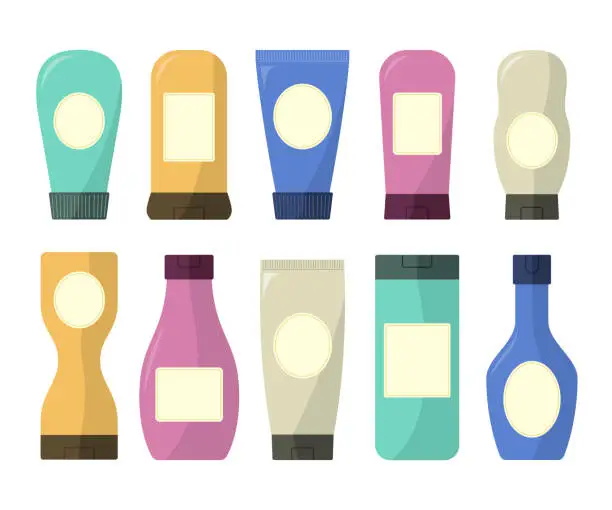 Vector illustration of Set of Cosmetic Bottles with Blank Label for Copy Space Flat Vector Design Element