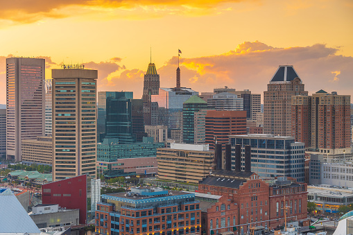 Downtown Baltiimore city skyline cityscape of Maryland in USA