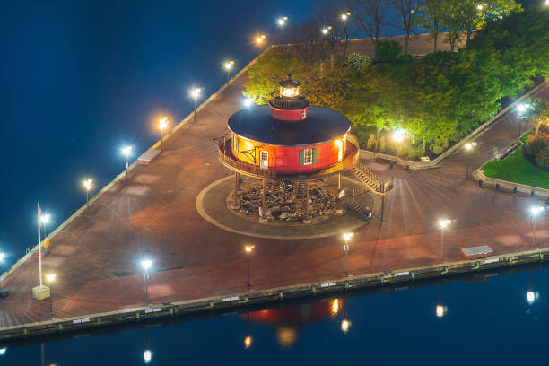 Red lighthouse at night, the Inner Harbor in Baltimore, Maryland