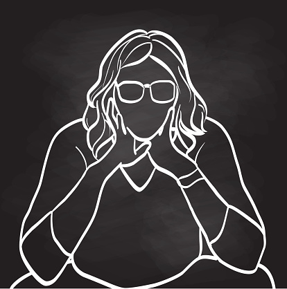 Sitting and staring.  Sketch of a woman with glasses