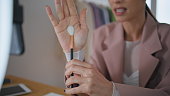 Blogger hand showing brush talking at house online closeup. Woman recording blog