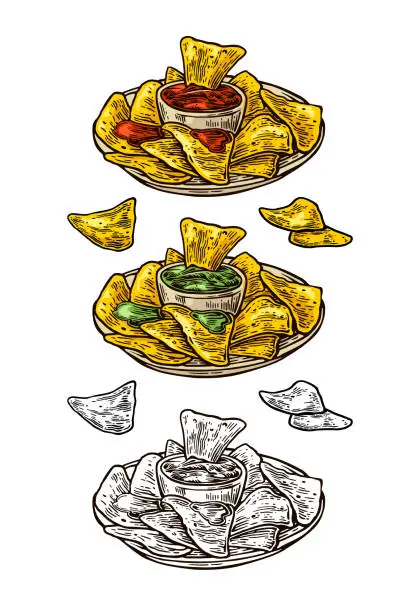 Vector illustration of Nachos chips with ketchup and guacamole in pan. Vector color vintage engraving