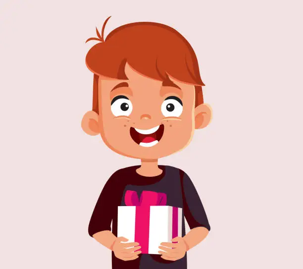 Vector illustration of Little Boy Holding a Christmas Present Vector Cartoon Character