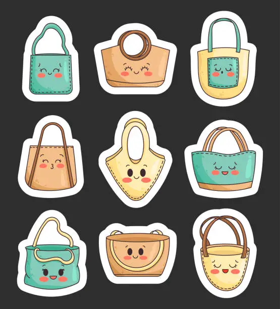 Vector illustration of Cute kawaii shopping bag characters. Sticker Bookmark. Cartoon reusable grocery bags. Hand drawn style. Vector drawing. Collection of design elements.