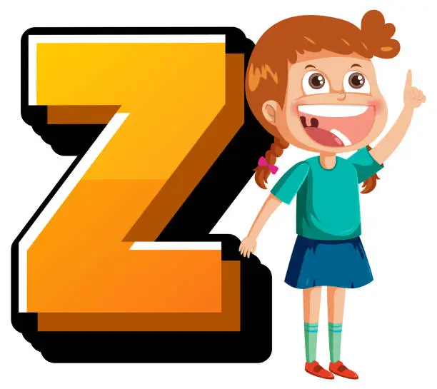 Vector illustration of English Letters Z Alphabet Font with Boy and Girl Cartoon Characters