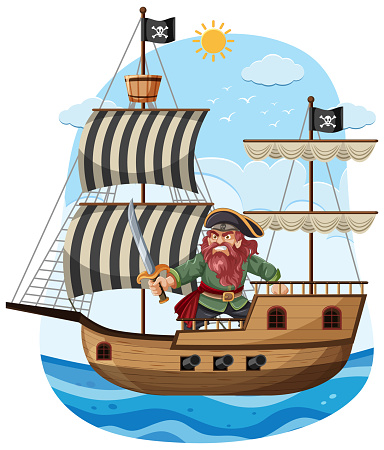 A fearless pirate captain brandishes a sword on a ship sailing through the vast sea