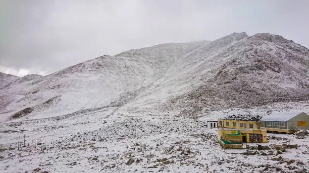 View Of Landscape Khardungla Pass With Snow Mountain In Ladakh, India. Khardungla Pass Was The World's Highest Motorable Road For The General Public.