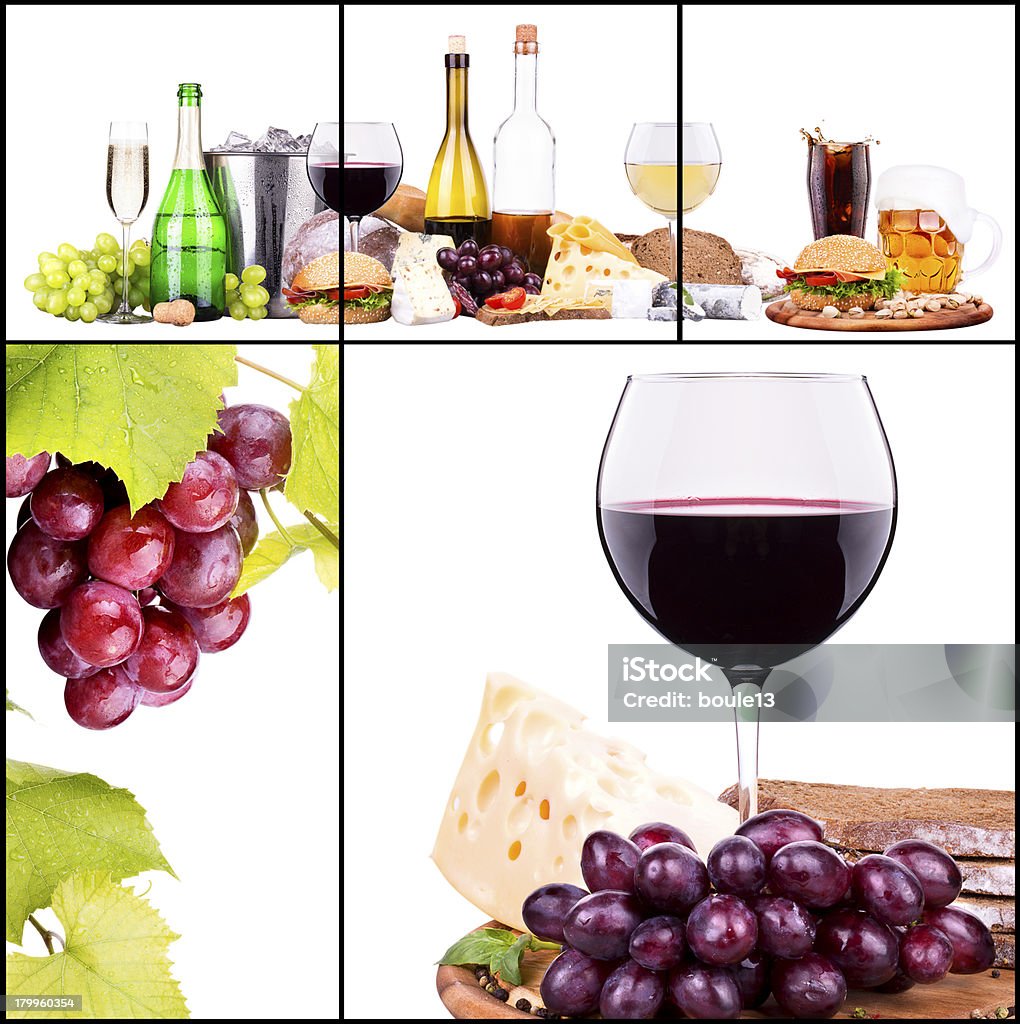 Conjunto de diferentes bebidas alcohólicas y alimentos - Foto de stock de Adicción libre de derechos