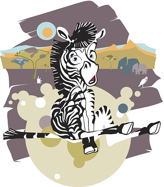 Zebra bebé subitamente gotas sobre savanna de fundo - ilustração de arte vetorial