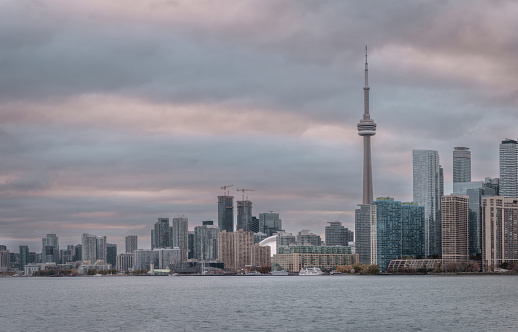 The Toronto city skyline at dusk as seen from the Toronto Islands.