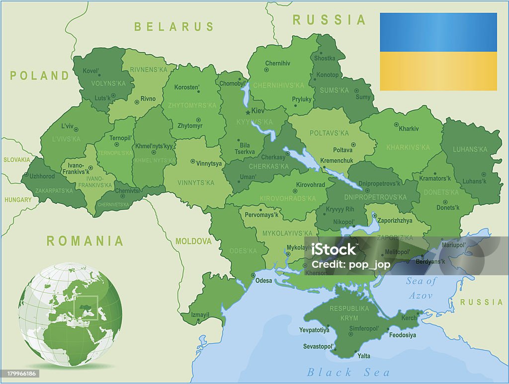 グリーンの地図ウクライナ-アメリカ主要都市とフラグ - ウクライナのロイヤリティフリーベクトルアート