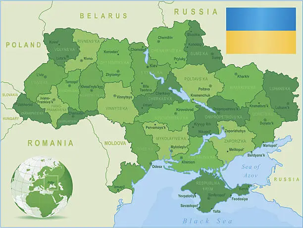 Vector illustration of Green Map of Ukraine - states, cities and flag