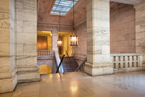 Staircase of the New York Public Library Main Branch in New York City, USA.