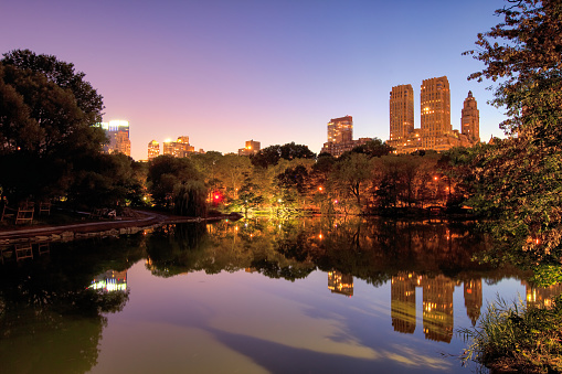 Central Park and Upper West Side skyline in New York City, USA at night.