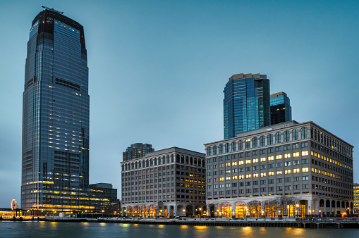 Jersey City Waterfront, New Jersey, USA at twilight blue hour.