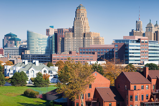 Townhouses and City Hall in downtown Buffalo New York USA on a sunny day