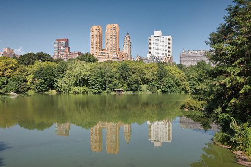 Wide angle image of LeFrak Lighthouse with a view of lower Manhattan.