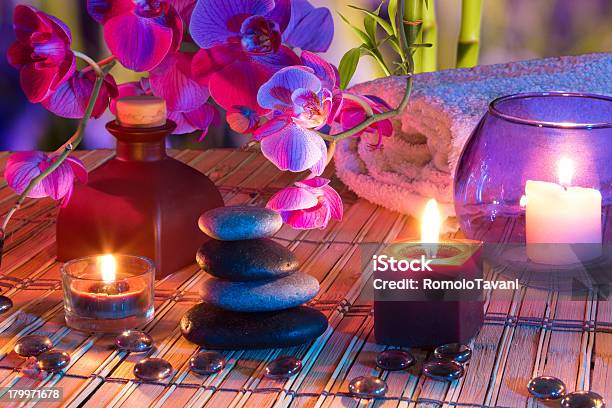 Violet Composition For Massage In Bathroom Stock Photo - Download Image Now - Alternative Therapy, Aromatherapy, Balance