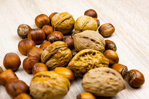 Nuts on the table. Walnut and hazelnut. Natural nuts.