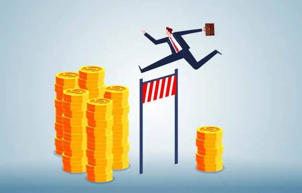 Vector illustration of Challenges for higher income or higher profits, business or career challenges, merchant hurdle jumps from smaller piles of gold coins to larger piles of gold coins