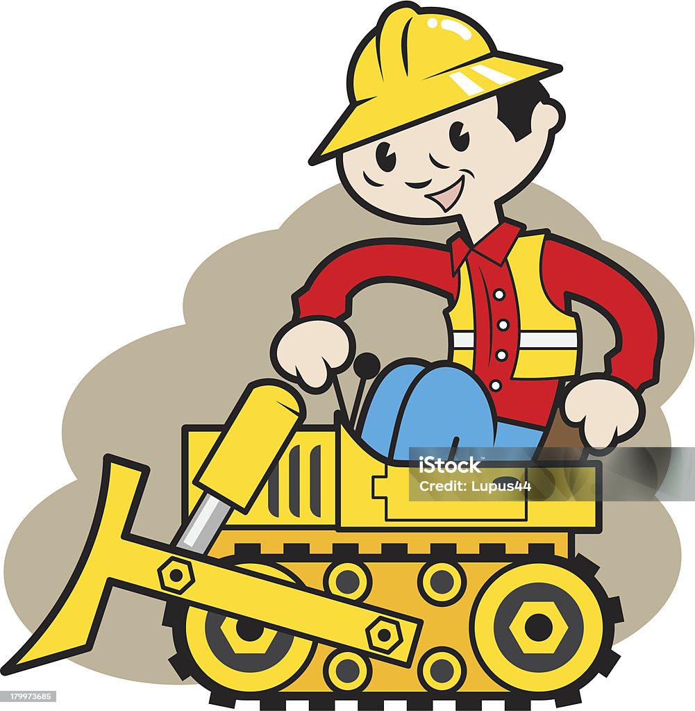 Bulldozer driver happy driver, in a funny little bulldozer, with a hard hat on his head, eps8, organized in layers Activity stock vector