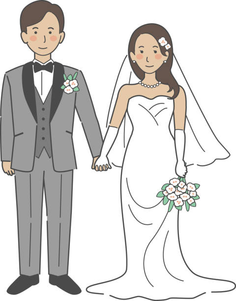 Wedding illustration, bride and groom holding hands Wedding illustration of the bride and groom holding hands together bride holding bouquet stock illustrations