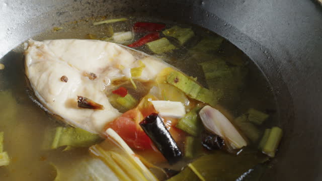 Seabass in Sour Soup or Seabass tomyum, Thai food