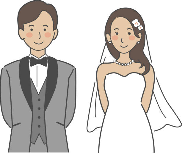 Wedding illustration, bride and groom holding arms behind Bride and groom facing forward with their hands clasped behind their backs dinner jacket stock illustrations