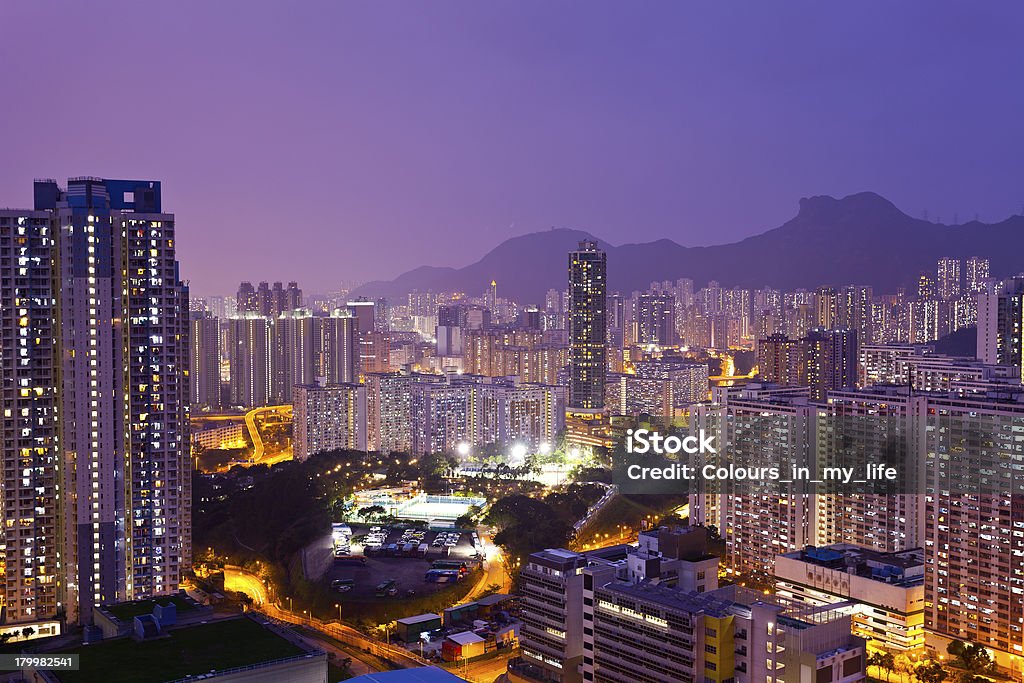 Crowded buildings at night in Hong Kong Architecture Stock Photo