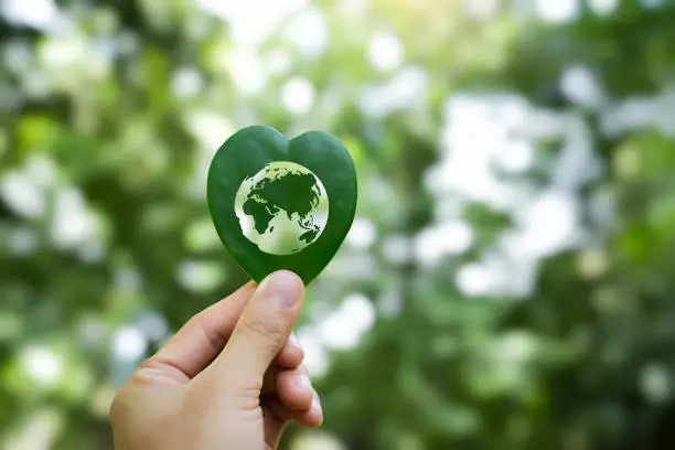 Hand-holding heart-shaped leaf with a globe icon. to Save the environment and be sustainable. care, love Earth, and eco-friendly for carbon neutral. Concept of the Environment World Earth Day.