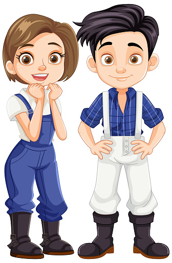 An adorable vector cartoon illustration of a young farmer couple