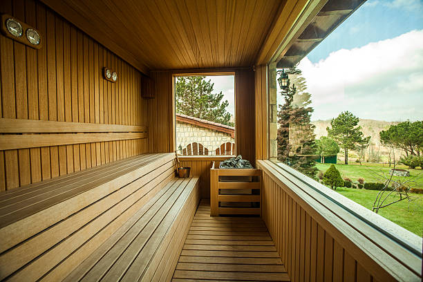 Sauna with forest view stock photo