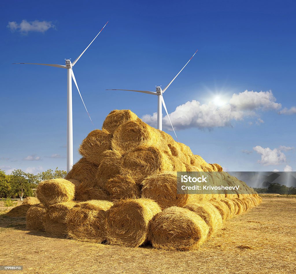 Haystacks auf dem Feld Windmühle - Lizenzfrei Ausgedörrt Stock-Foto