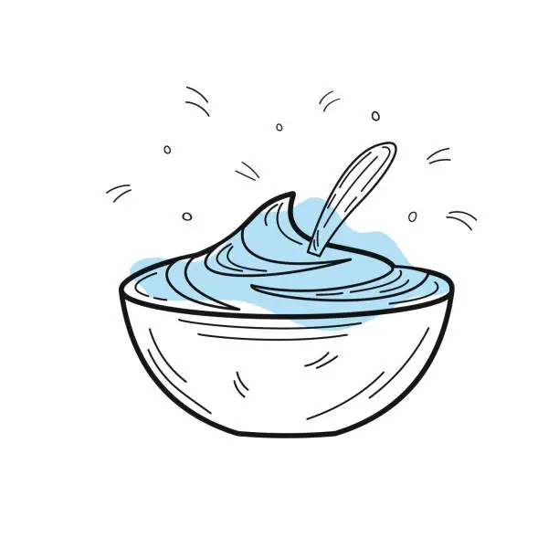 Vector illustration of Bowl with sour cream. Dairy products. Dessert. Organic homemade food.