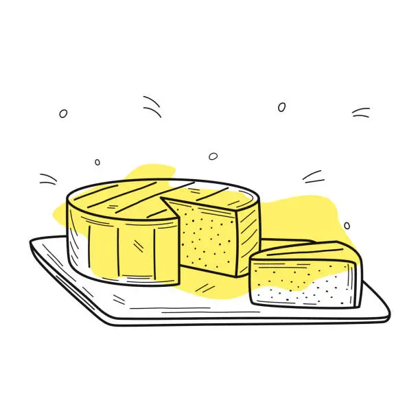 Vector illustration of A whole piece of Camembert cheese with a piece on a wooden board.