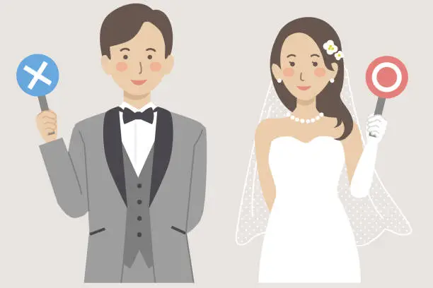 Vector illustration of Wedding illustration, bride and groom holding circle and cross tags