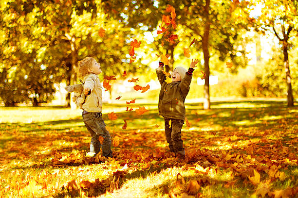 istock Children playing with autumn fallen leaves in park 179990526